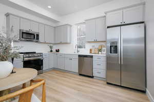 Kitchen with stainless steel appliances, light wood-type flooring, backsplash, recessed lighting, and light stone counters