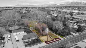 Aerial view of residential area featuring mountains