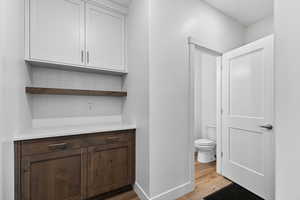 Bathroom with tasteful backsplash, light wood-type flooring, and vanity