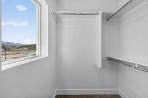 Walk in closet with dark carpet