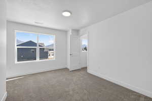 Empty room with carpet flooring, healthy amount of natural light, and a textured ceiling