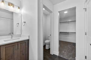 Full bath featuring vanity, a spacious closet, and dark wood finished floors