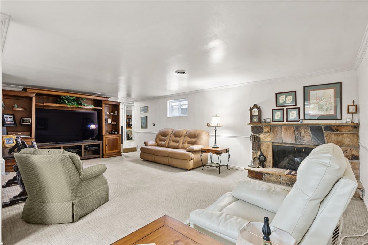 Family room withdrawn molding, carpet, and a stone fireplace