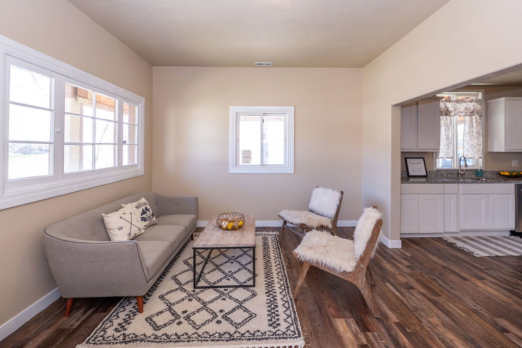 Living room featuring dark wood-style flooring and plenty of natural light