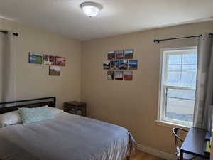 Bedroom with wood finished floors and baseboards