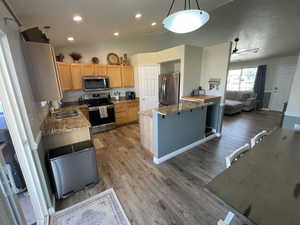 Kitchen featuring stainless steel appliances, vaulted ceiling, a ceiling fan, decorative light fixtures, and dark wood-style flooring