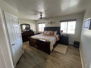 Bedroom featuring dark wood finished floors, a textured ceiling, and ceiling fan