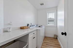 Laundry room with light wood-style flooring and washer and clothes dryer