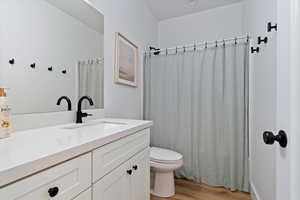 Full bathroom featuring vanity, a shower with shower curtain, and light wood-type flooring