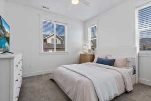 Bedroom featuring carpet flooring and a ceiling fan