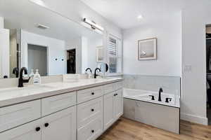 Bathroom with a walk in closet, double vanity, light wood-style floors, and a garden tub