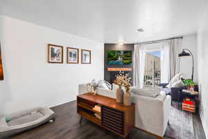 Living room featuring a fireplace