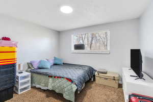 Bedroom featuring carpet flooring and a textured ceiling