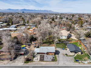 Aerial view of residential area with a mountainous background