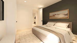 Bedroom with light wood-style flooring and recessed lighting