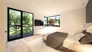 Bedroom featuring recessed lighting, light wood-style flooring, multiple windows, and access to exterior