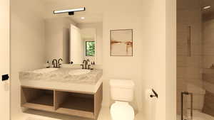 Full bathroom with double vanity and recessed lighting