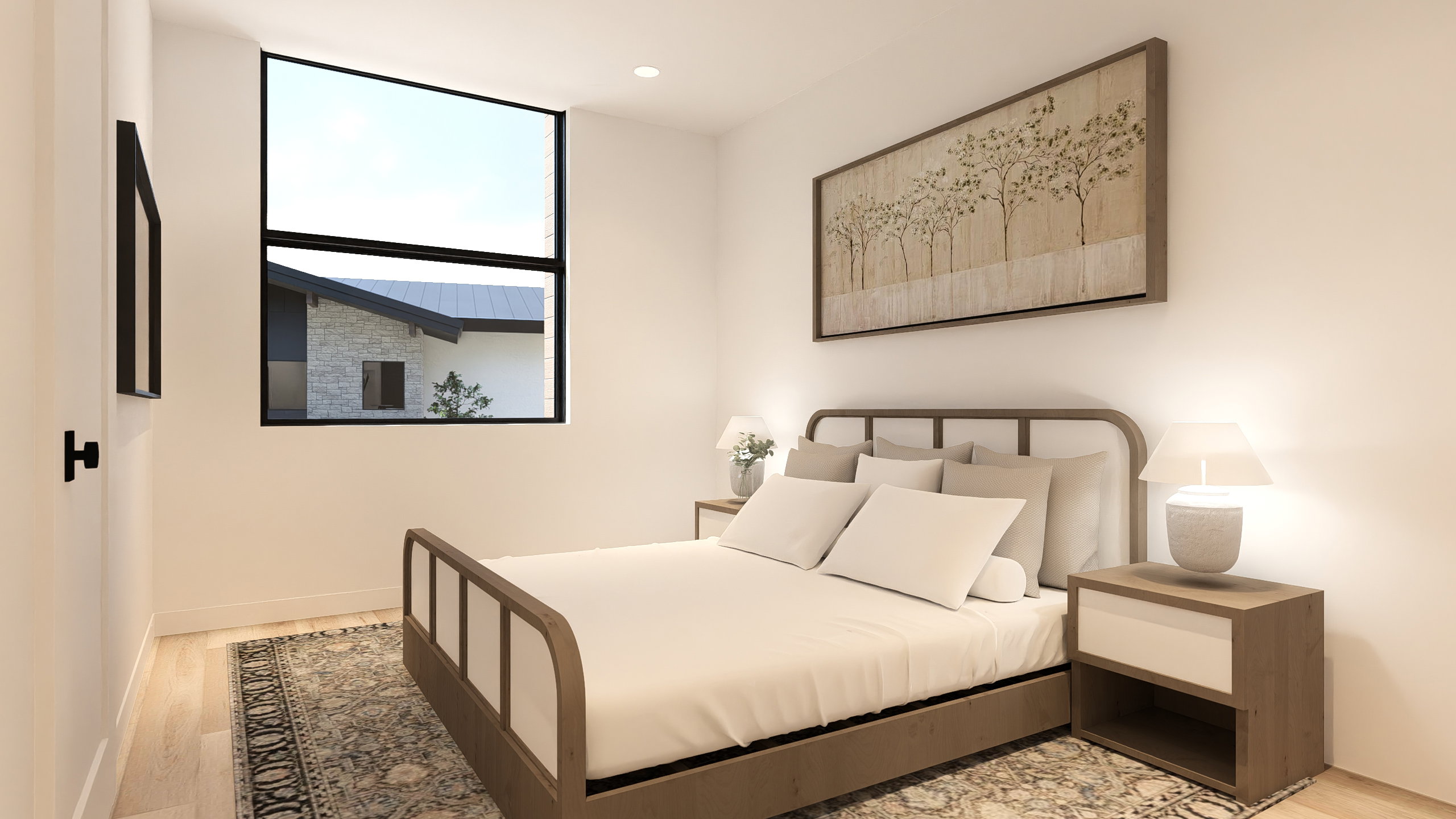 Bedroom with light wood-style floors