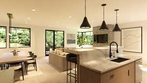 Kitchen with a breakfast bar, a center island with sink, open floor plan, and hanging light fixtures