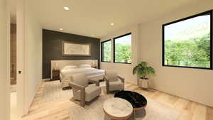 Bedroom with recessed lighting and light wood-style flooring