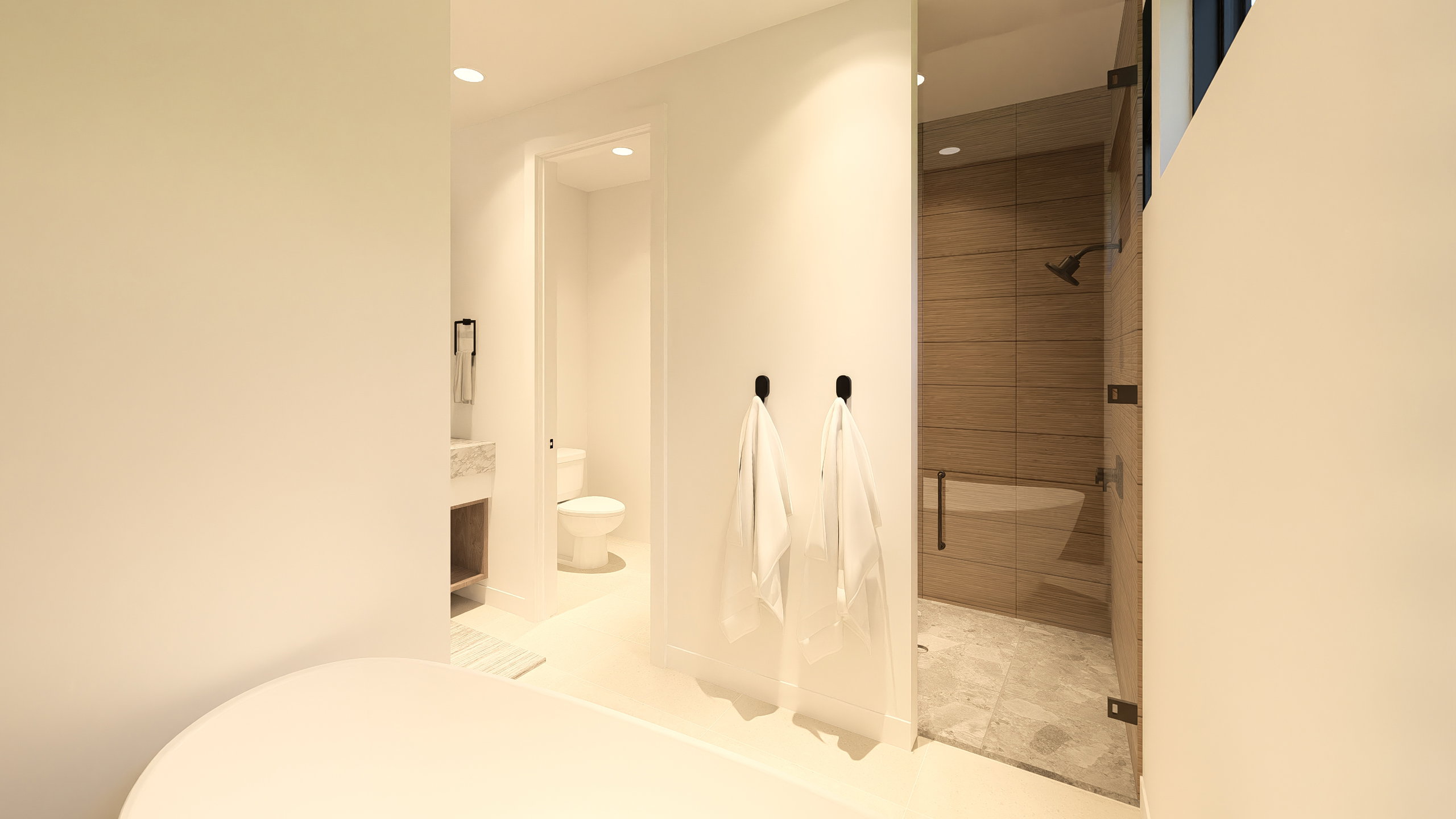 Full bath with a stall shower, vanity, and recessed lighting