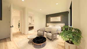 Bedroom featuring recessed lighting, light wood-style floors, ensuite bathroom, and an accent wall