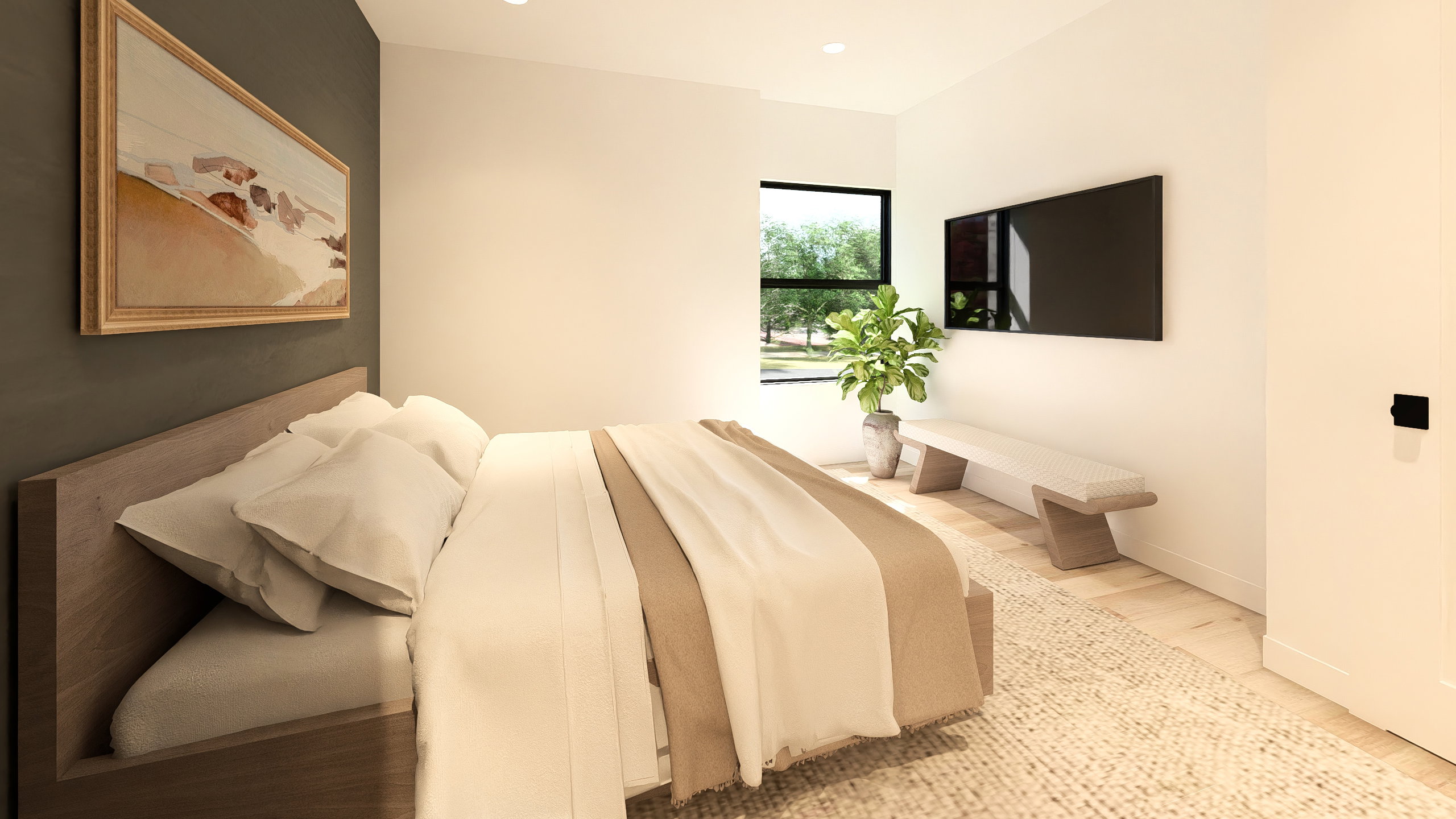 Bedroom with wood finished floors and recessed lighting