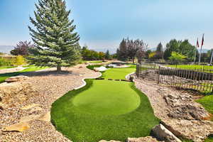 View of home's community with an area to practice putting