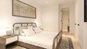 Bedroom with recessed lighting and light wood finished floors