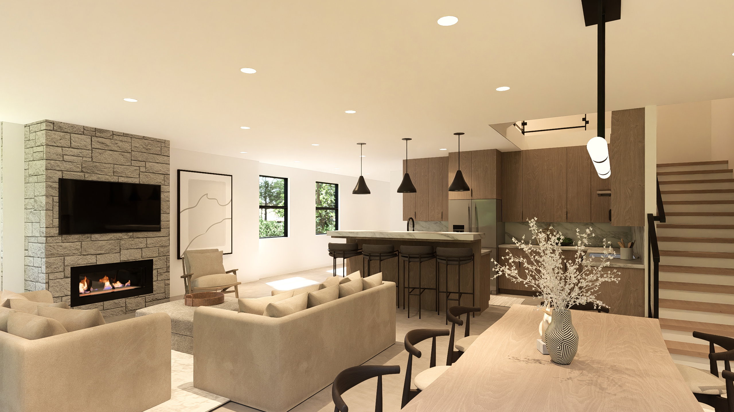 Living room featuring a stone fireplace and recessed lighting