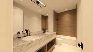 Full bathroom featuring double vanity, recessed lighting, bathing tub / shower combination, and light tile patterned flooring