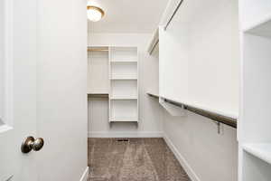 Walk in closet featuring dark carpet