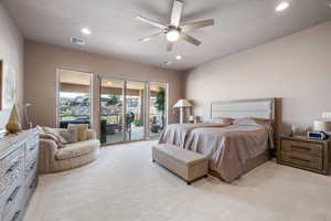 Bedroom with light carpet, access to outside, ceiling fan, and recessed lighting