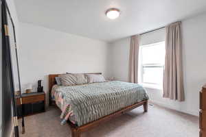 Bedroom with carpet flooring and baseboards