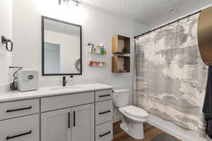 Full bath featuring vanity, dark wood-style flooring, and a textured ceiling