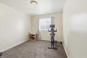 Exercise room featuring carpet floors and baseboards