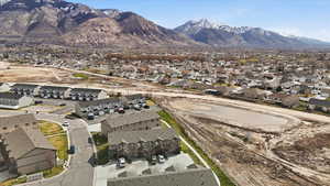 Aerial perspective of suburban area with mountains