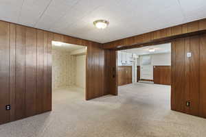 Spare room with light colored carpet and wood walls