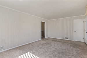 Carpeted empty room featuring ornamental molding and baseboards