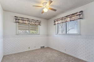Carpeted spare room featuring wallpapered walls, a ceiling fan, a textured ceiling, and a wainscoted wall