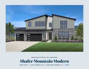 Modern home featuring stone siding, a front lawn, a garage, and driveway