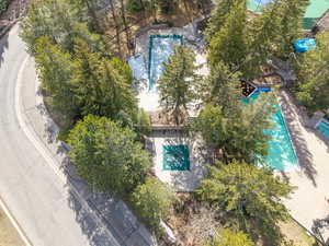 Drone / aerial view of a pool area