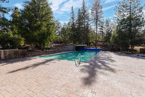 View of pool featuring a fenced backyard, patio surround, and view of scattered trees