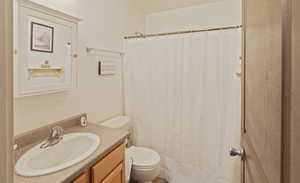 Full bathroom featuring vanity and a shower with curtain