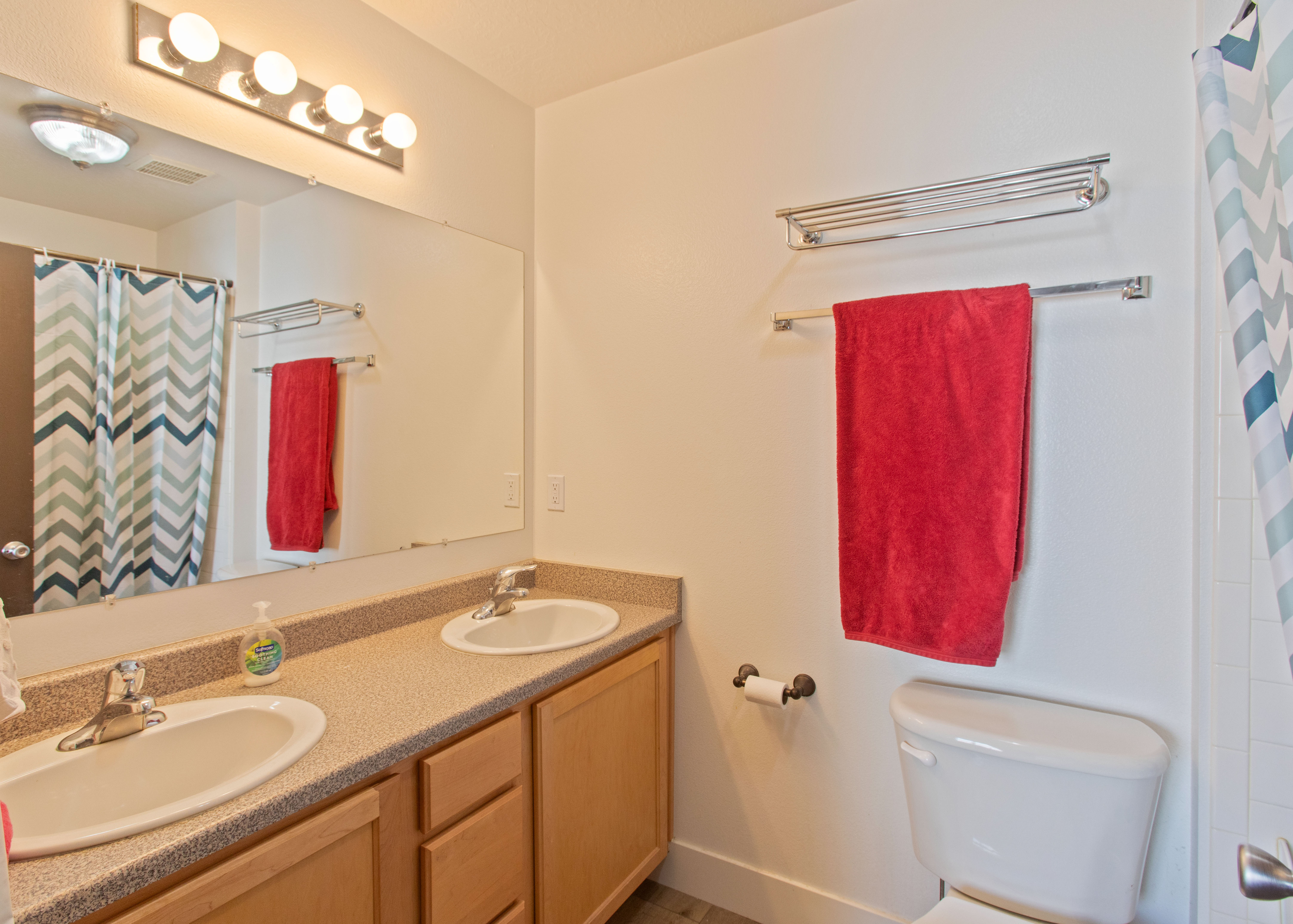 Full bathroom featuring a shower with curtain and double vanity