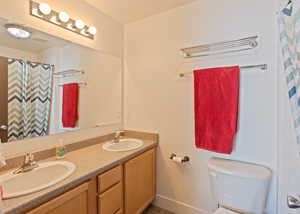 Full bathroom featuring a shower with curtain and double vanity