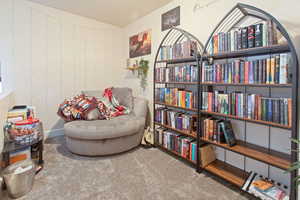 Sitting room with light carpet and lofted ceiling