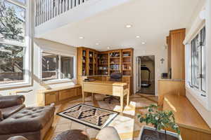 Office area with plenty of natural light, recessed lighting, and light tile patterned floors