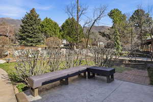 View of patio / terrace featuring a mountain view