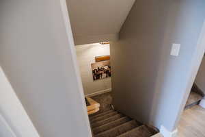 Staircase featuring carpet